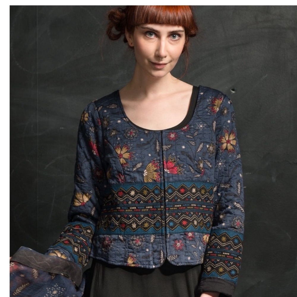 Gudrun Sjoden Midvinter Jacket Blue Organic Cotton Quilted Floral Folk Art M